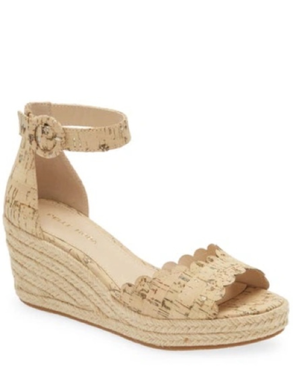 Pelle Moda Beige Cork-Textured Wedge Sandals with Ankle Strap